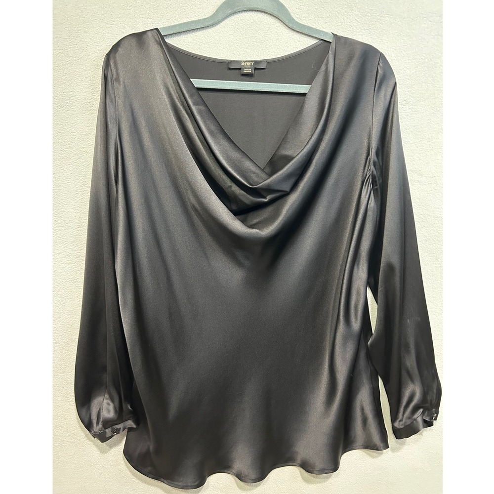 Seventy Venezia Blouse Womens Large‎ Black Cowl Neck Satin Long Sleeve Top